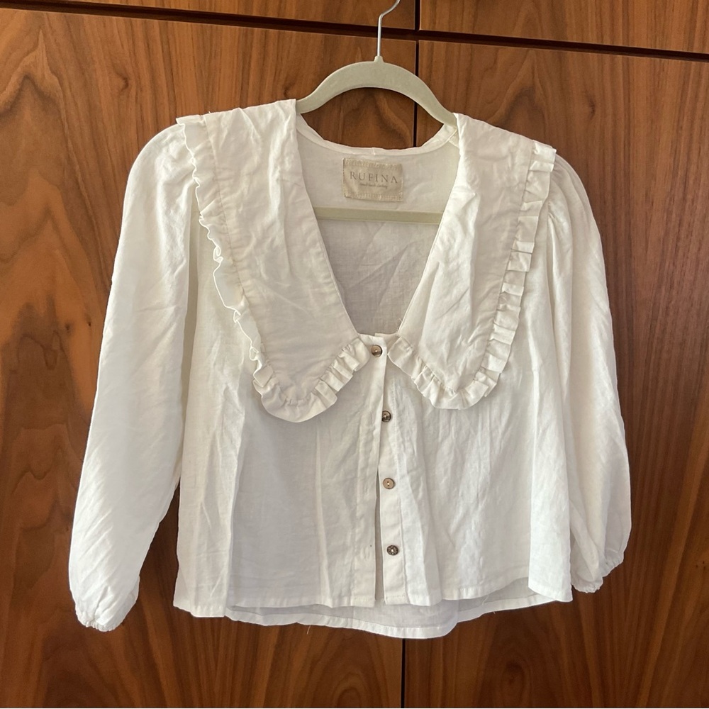 White Linen Ruffled Collar Blouse OS